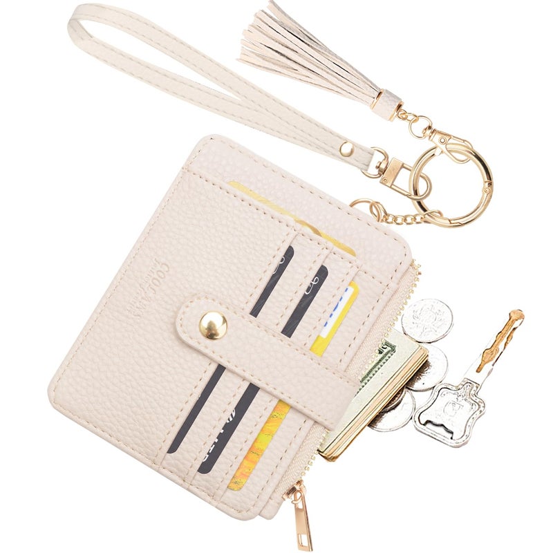 COOLANS Wristlet Bracelet Keychain Card Holder Card Pocket PU Leather Purse Tassel Keychain Bangle Key Ring for Women Girls (Card & Id Holder Purse 08 Litchi Pattern Creamy Grey) - Image 1